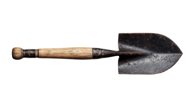 A well-worn garden trowel, a testament to time and toil, isolated on transparency