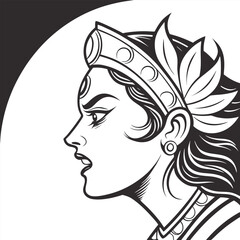 Vector art of profile of a fierce warrior woman with a crown and elaborate hairstyle, in a graphic black and white illustration style