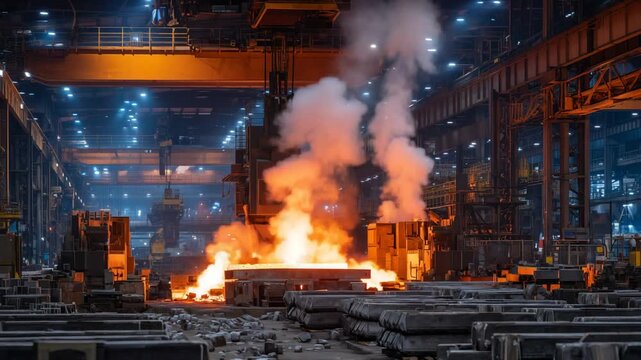 A fiery billet beneath a towering forging machine emits steam, surrounded by gantry cranes and electrical cables in an industrial setting.