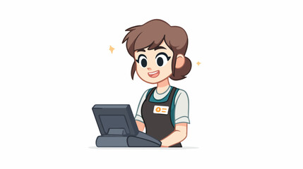 Cartoon cashier working at cash register