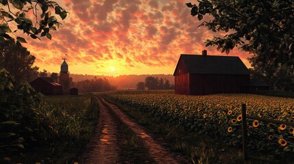 Orange sunset over rustic farm with old countryside house
