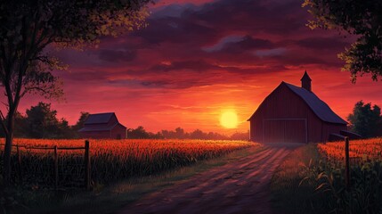 Orange sunset over rustic farm with old countryside house