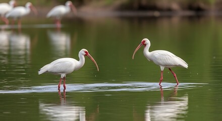 Two American white ibises with long curved beaks wading in shallow green water.