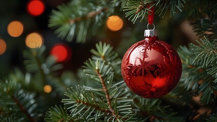 A close up of a shiny red Christmas ornament hanging on a green fir tree with beautiful festive bokeh lights in the background. Classic holiday decoration concept