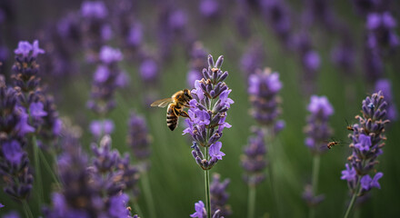 Honeybee collecting pollen from vibrant lavender flowers in a field, summery and peaceful background