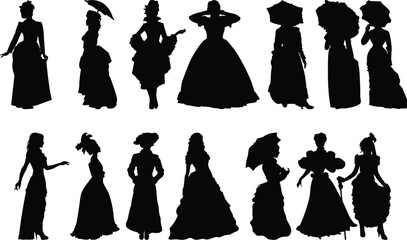 Vintage Victorian women silhouette collection, elegant fashion dresses, retro parasol ladies, antique style illustration design elements © Md