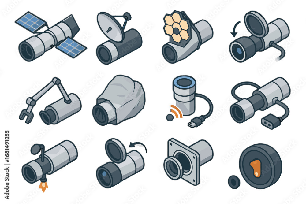 Poster icon camera spread vector mirror deployment alignment opening switch sensor telescope space