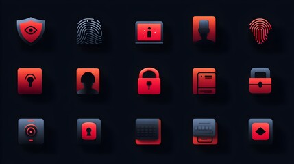 Vector pack of modern minimal cybersecurity icons: data protection, fingerprint scan, padlock, firewall. Concept: Cybersecurity, data protection, digital security, network safety, IT security illustra