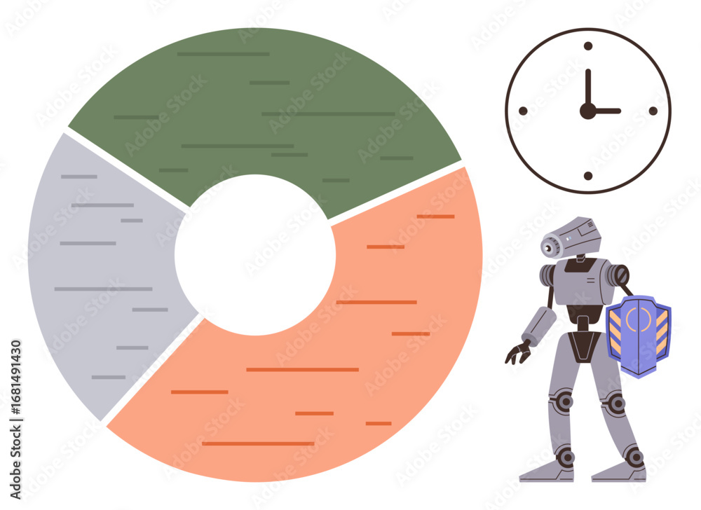 Aufkleber robot with shield near segmented pie chart and clock highlights automation, data sharing, and effici