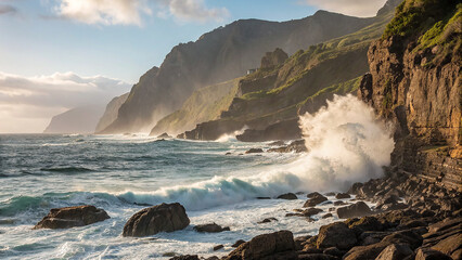 Teal sea waves crash on rocky coast, sunlit cliffs. Scenic backdrop. Suitable for travel blogs,...