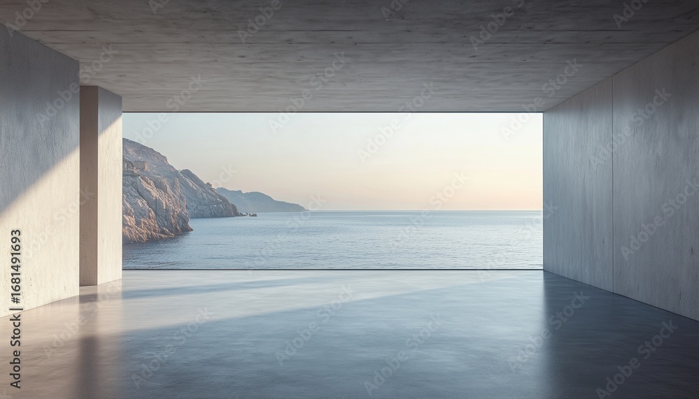 Poster empty concrete room with large window overlooking the sea rendered in 3d. spacious interior with a p