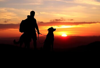 Obraz premium Sunset silhouette of canine companion and owner atop hill, serene, togetherness