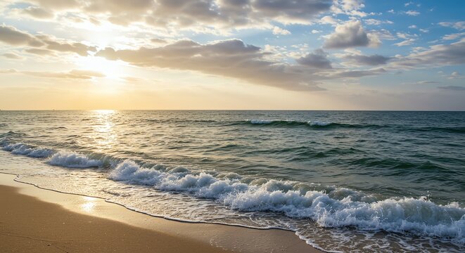 Ocean waves at sunset beach scene