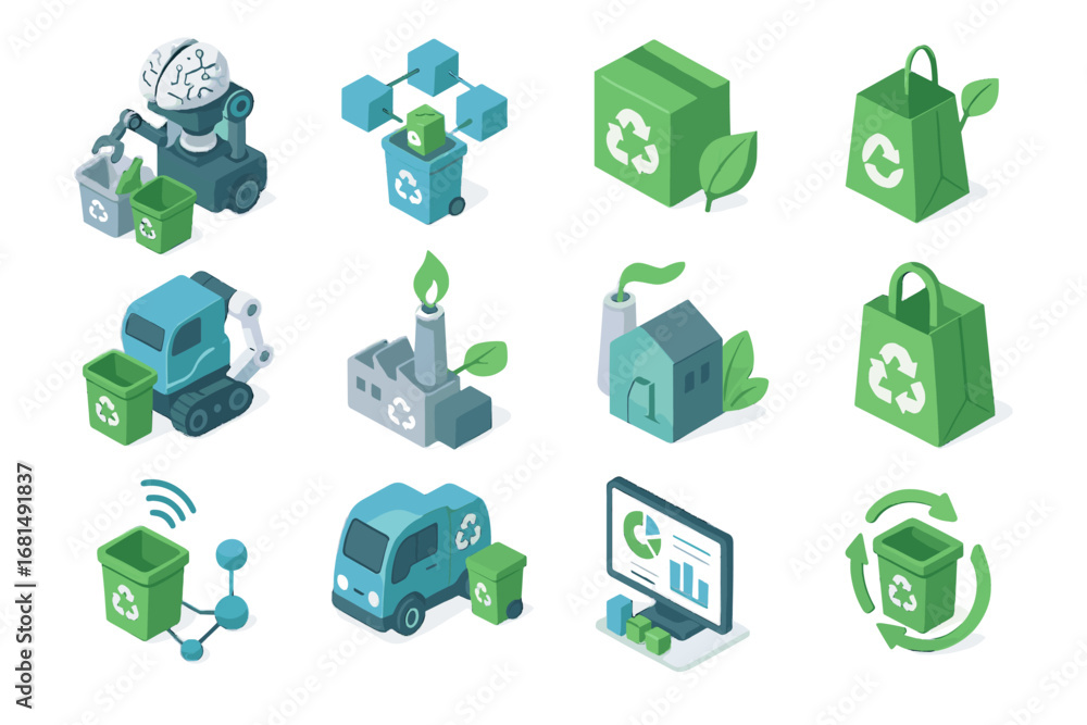 Poster vector biodegradable innovations waste smart green zero icon sorting networks recycling sensor