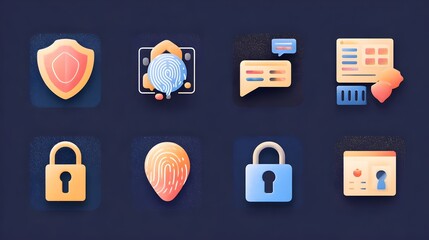 Vector pack of modern minimal cybersecurity icons: data protection, fingerprint scan, padlock, firewall. Concept: Cybersecurity, data protection, digital security, network safety, IT security illustra