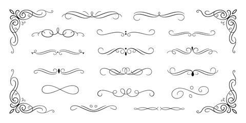 Ornamental Calligraphy Elements &ndash; Vintage Decorative Frames, Flourish Swirls, Filigree Borders for Wedding Invitation Design Vector Set