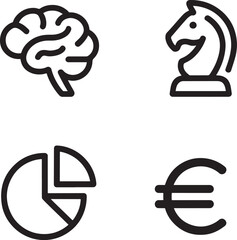 Fototapeta premium Brain chess knight pie chart euro symbol icons representing strategy finance thinking silhouette line art illustration royalty free premium quality