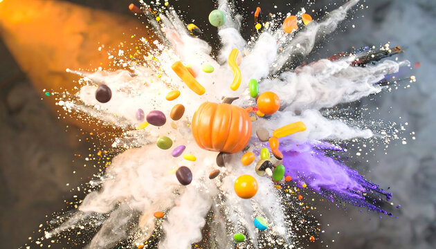 A vibrant explosion of a pumpkin surrounded by colorful candies, sweets, and swirling dust clouds, creating a dynamic and festive scene.