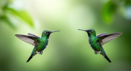 Obraz premium Two hummingbirds flying with wings spread