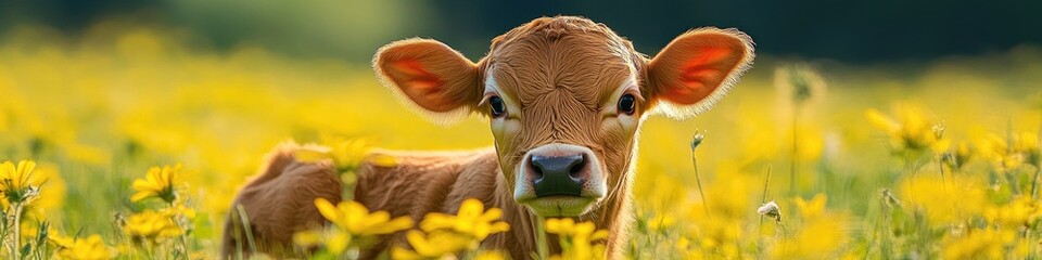 A cute baby calf in the middle of yellow flowers, with a green grass background