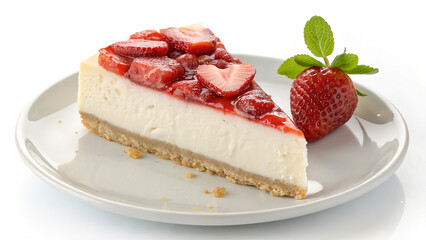 Red-white cheesecake slice sits on plate with strawberry garnish. Captures dessert photography, food blog, recipe template.