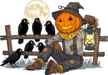 Pumpkin-headed scarecrow illuminated under the full moon surrounded by crows. Scarecrow figure with lantern and smiling pumpkin head surrounded by crows on a fence, Copyspace