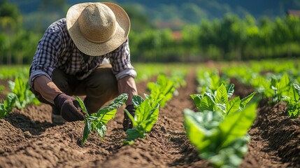 Farmer cultivating garden soil with hand tools for agriculture and planting