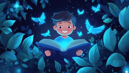 A cute cartoon boy is smiling while reading, holding an open book with glowing pages and blue birds flying around him.