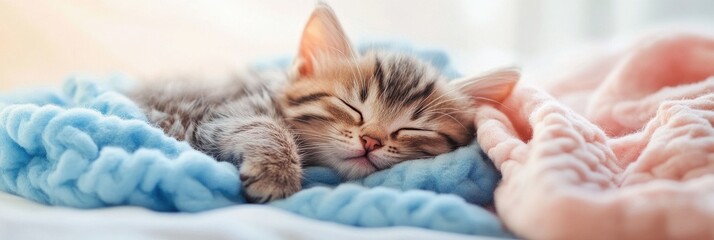 A cute kitten sleeping on the bed, covered with soft blue and pink blankets