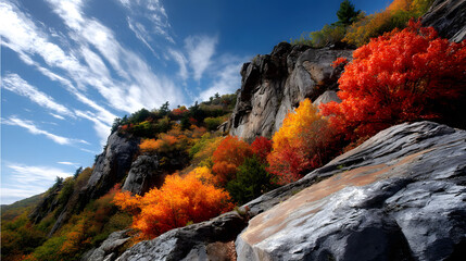 Obraz premium An autumn view of a mountain slope with vibrant red,yellow, and orange leaves,under a crisp, cloudless bue sky.