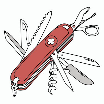 Vector art of a red swiss army knife with multiple tools extended, isolated on a, showcasing its versatility and compact design for outdoor activities and everyday use