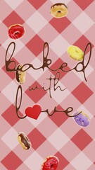 Vertical 3D infographic falling baked glazed donuts love heart cafeteria patisserie menu order render picture rotating gingham checkered texture pattern picnic food sale backgrounds advertisement