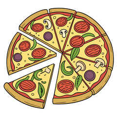 Vector art of a delicious pepperoni and mushroom pizza, sliced into eight pieces and presented on a clean, perfect for foodrelated designs and advertisements