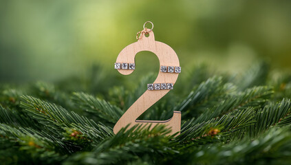 Decorative Wooden Number 2 Ornament on Pine Branch