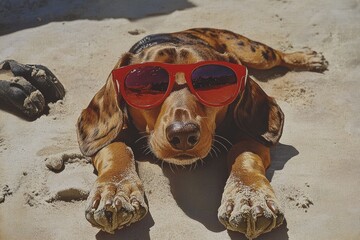 A dachshund dog wearing sunglasses is lying on the beach with its head in the sand, its legs sticking out from behind.