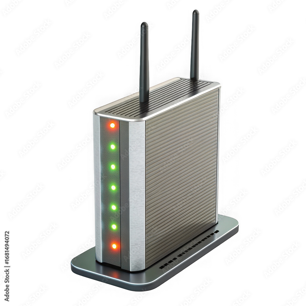 Poster modern wireless router with illuminated led indicators and dual antennas isolated on transparent bac