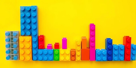 Colorful plastic building blocks arranged as bar graphs on a yellow background,  colorful blocks,  child