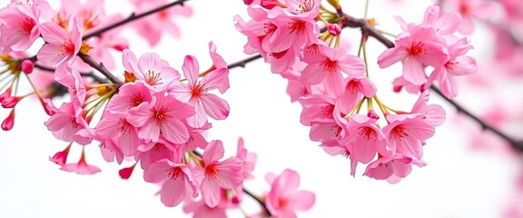Obraz premium Close-up of vibrant pink cherry blossoms against a pure white backdrop, floral, branch