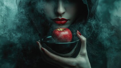 A dark-hooded woman with red lips holds an apple in her hand, creating a mysterious atmosphere.