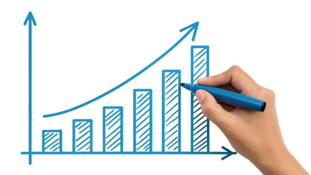 Hand drawing a bold blue line graph showing upward trend and growth on - Powered by Adobe