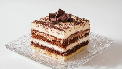 A delicious piece of quaint lace low-layered cake with layers visible and chocolate, vanilla, cream on top and inside.
