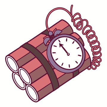 Vector art of a bundle of dynamite sticks tied together with black tape, with a ticking clock timer attached