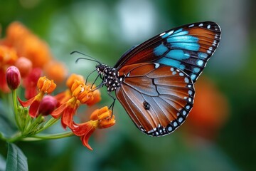 Fototapeta premium Butterfly with blue and orange wings on orange flower