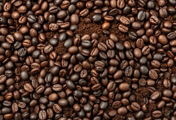 Obraz premium Dark roast coffee beans and grounds mingle in a rich pile, coffee shop, coffee bean