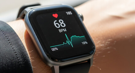 A person monitoring their heart rate on a modern smartwatch, with the digital display showing a healthy pulse and cardiogram reading