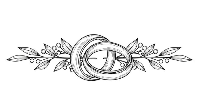 A beautiful hand-drawn illustration of two interlocking wedding rings decorated with elegant olive branches