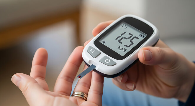 Close-up of a patient's hands using a blood glucose meter to test for hyperglycemia or diabetes at home - Powered by Adobe