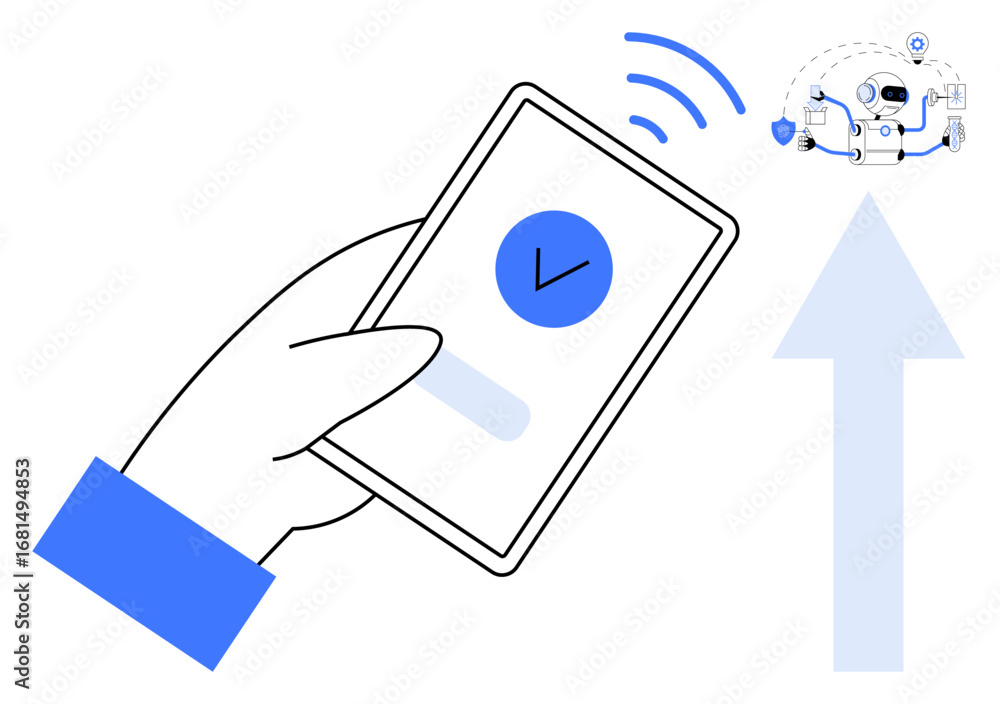 Aufkleber hand holding smartphone with checkmark interface, initiating wireless control of an ai robot. ideal 