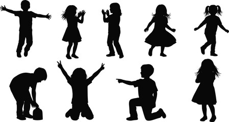 Silhouette collection of children playing, dancing, pointing, clapping, running, and enjoying fun childhood activities vector illustration design