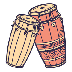 Vector art of two conga drums, a pair of tall, narrow, singleheaded drums with a skin or plastic head and an open bottom, are depicted in a stylized illustration with a simple color palette